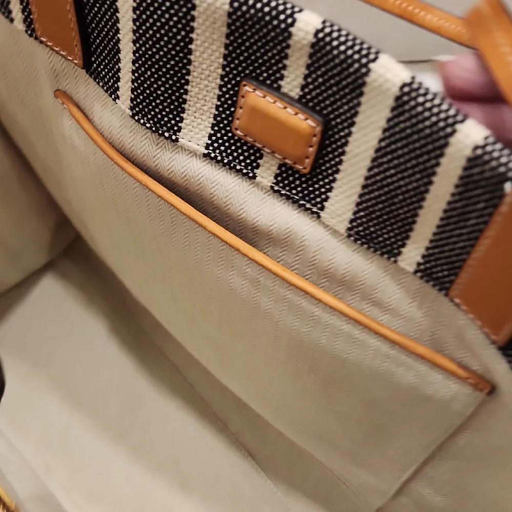 Tory Burch Striped Ella Tan and Black Tote Bag - Picture 8 of 11